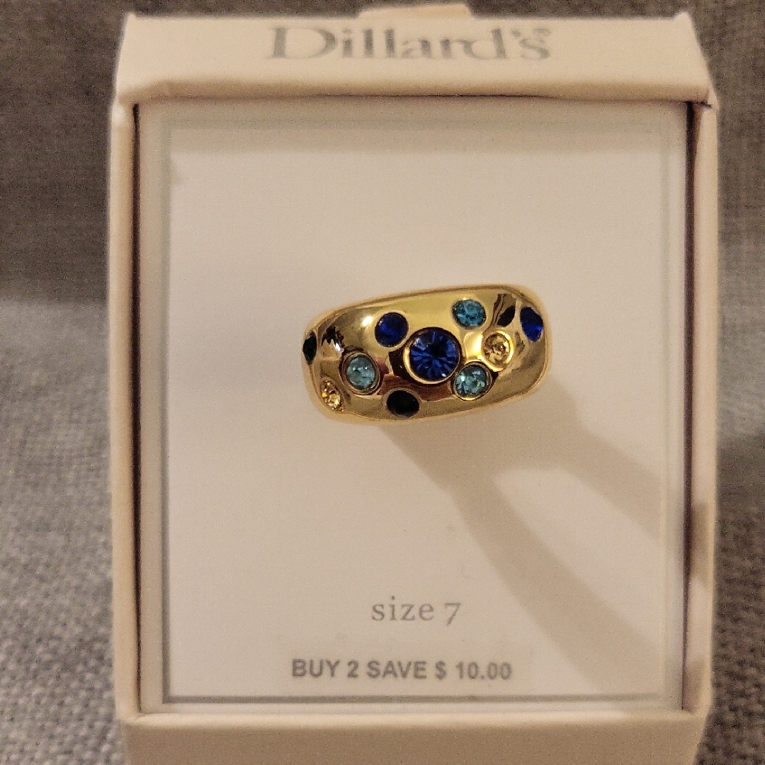 Dillards Brand Gold Ring With Dark Blue Light Blue And Clear Stones 10$